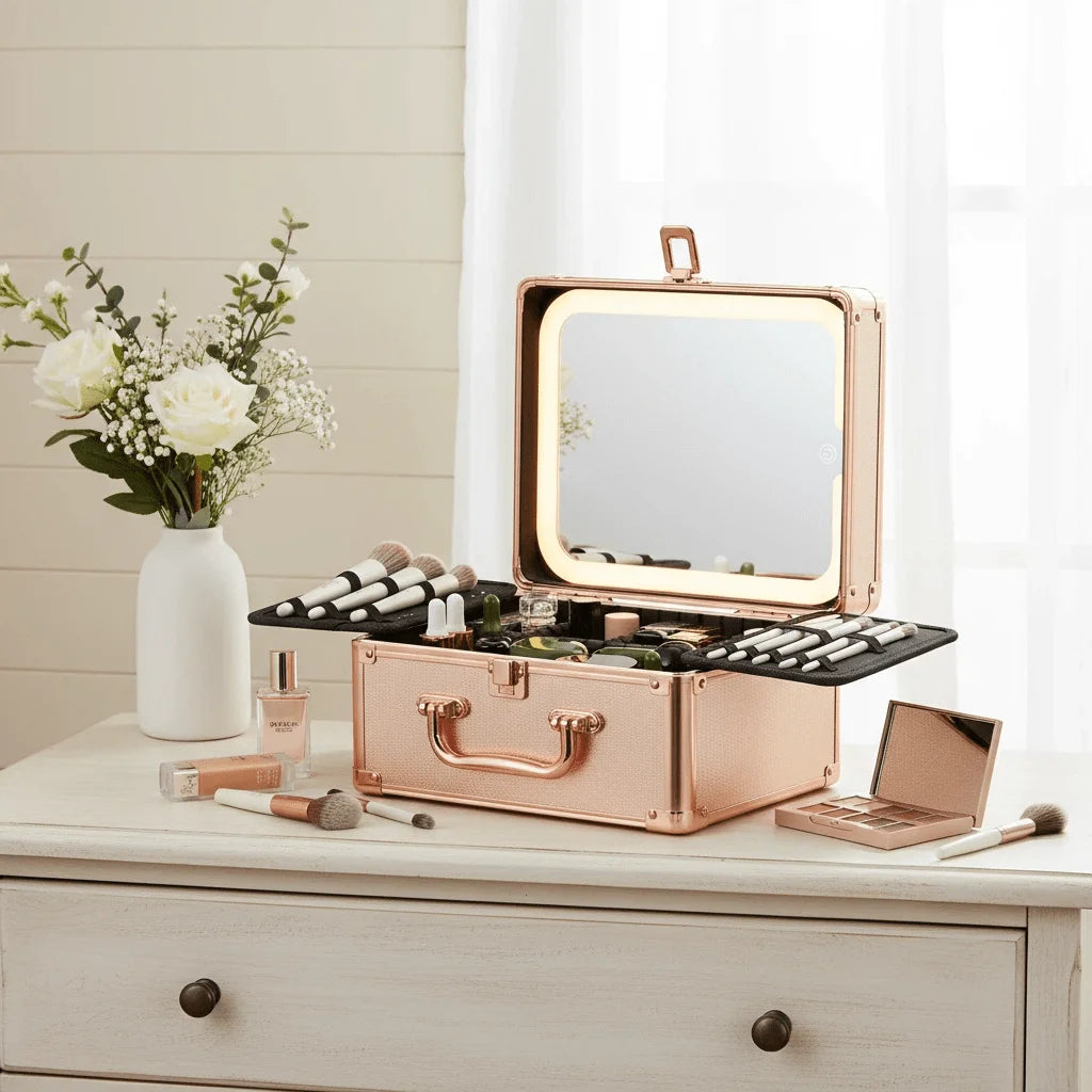 Makeup Case With A Detachable LED Mirror - Rose Gold
