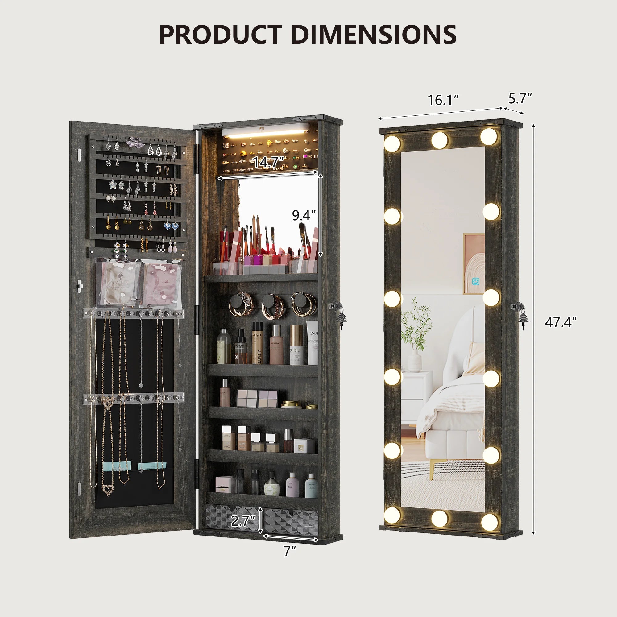 Wall Mounted Jewelry Organizer With LED Mirror