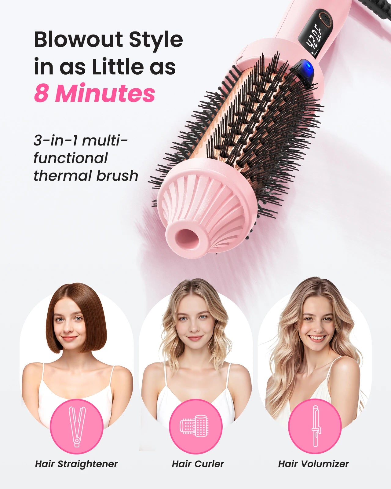 Heated Round Hair Curler Brush - Pink