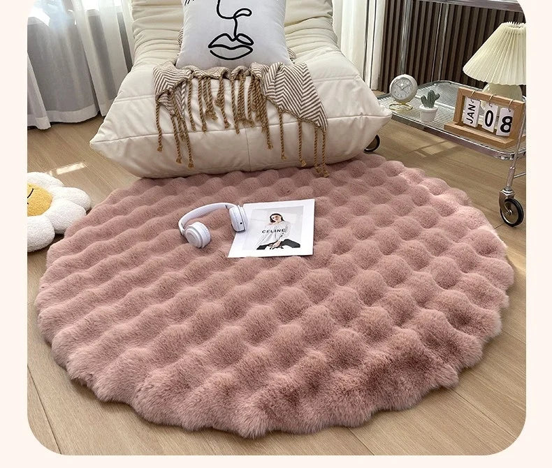 Round Bubble Rabbit Fur Vanity Chair Rug