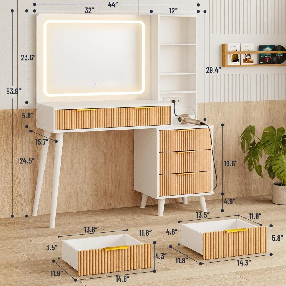 44" Vanity Desk With 5 Drawers & Storage Shelves