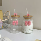 Glass Tumbler With Pink Bow Lid & Straw