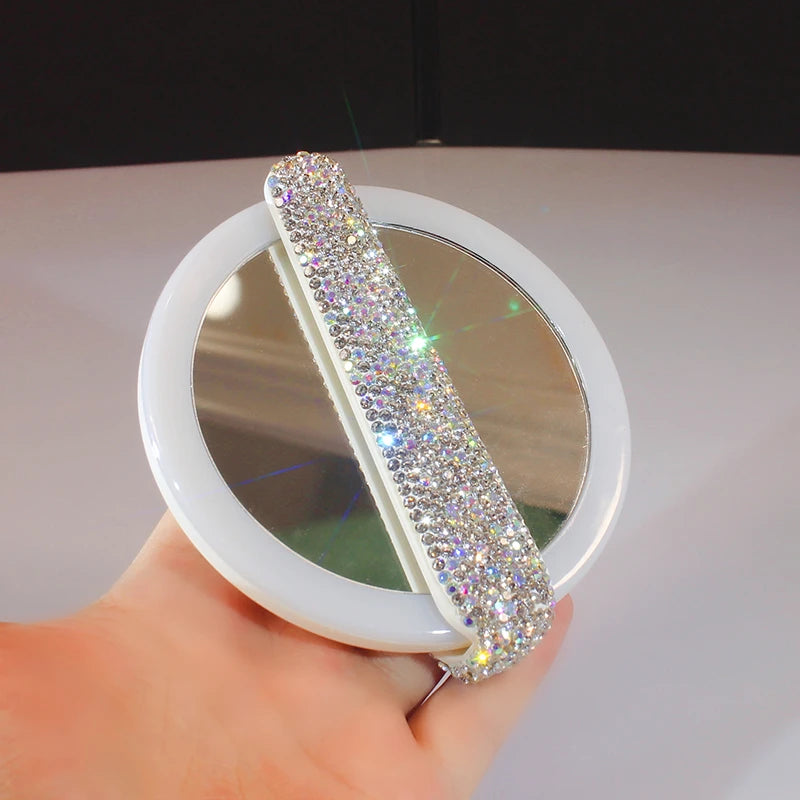 Rotatable Rhinestones Handle Makeup Mirror With LED Light