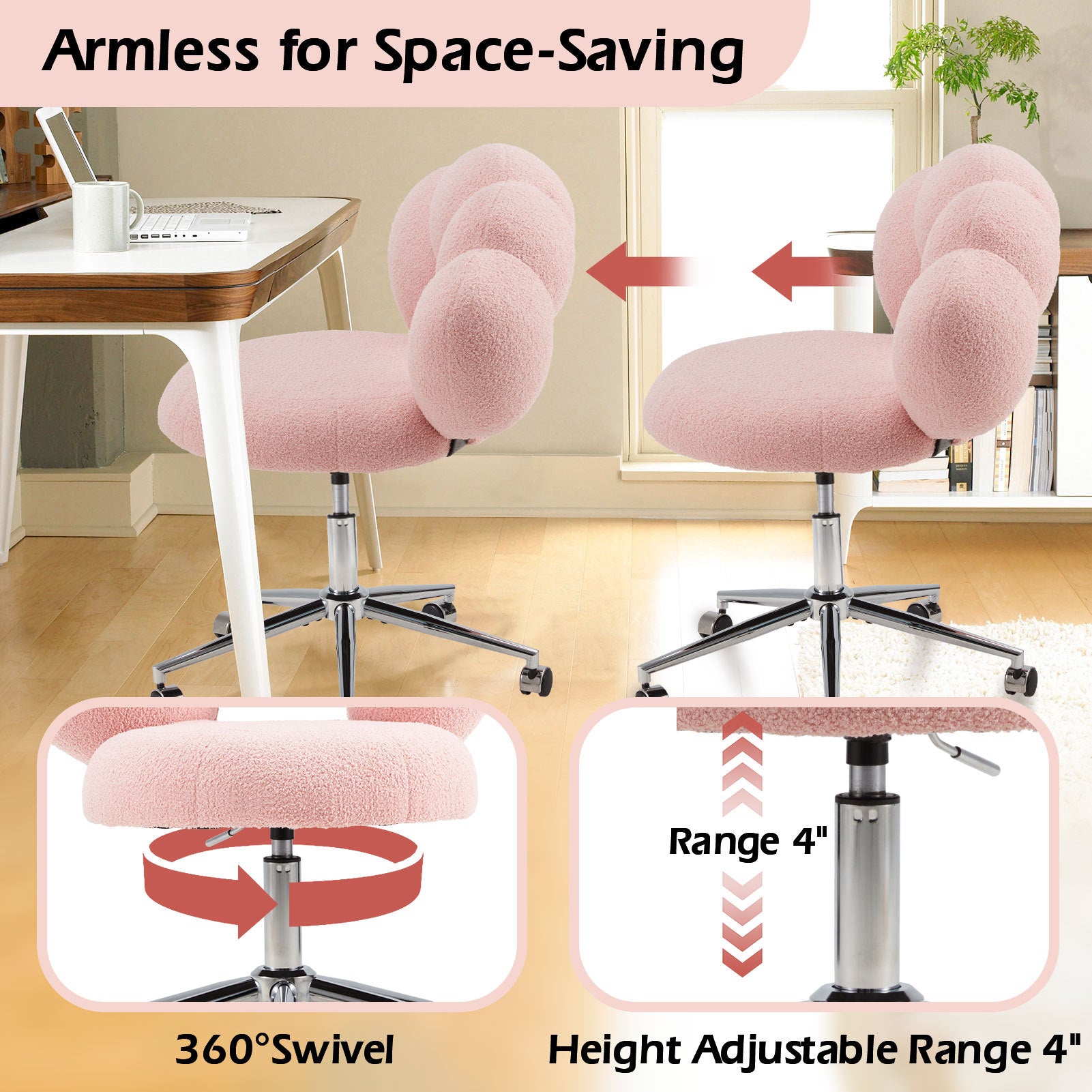 Armless Vanity Desk Chair with Teddy Fabric & Wheel