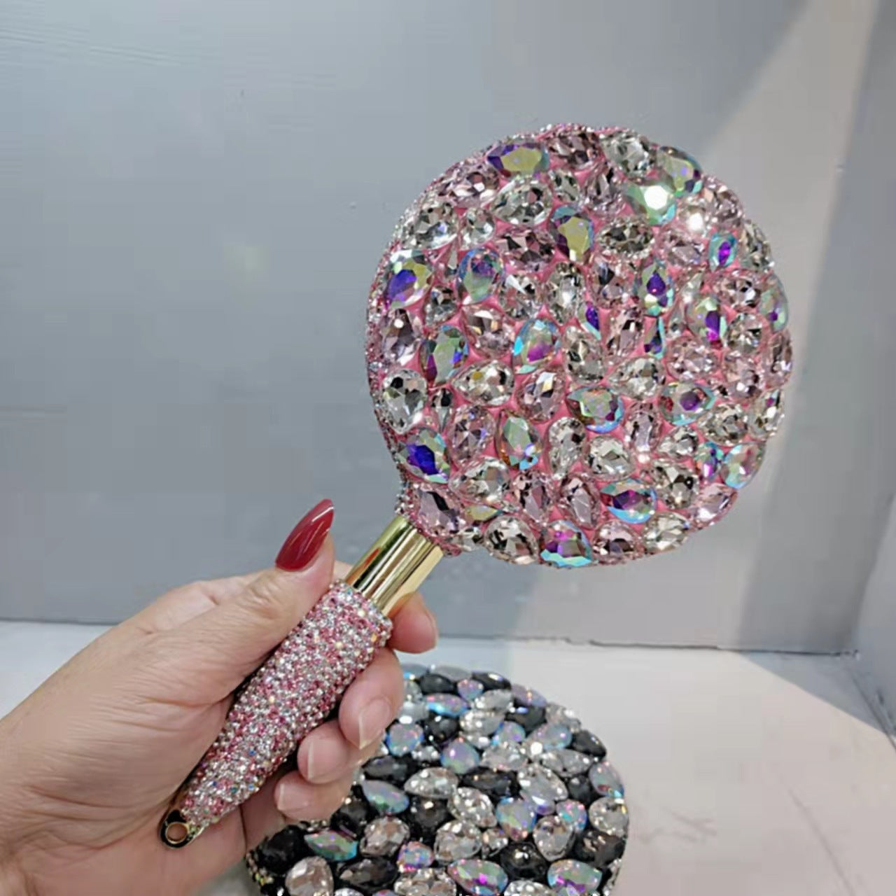 Rhinestone Embroidered Hand-held Mirror