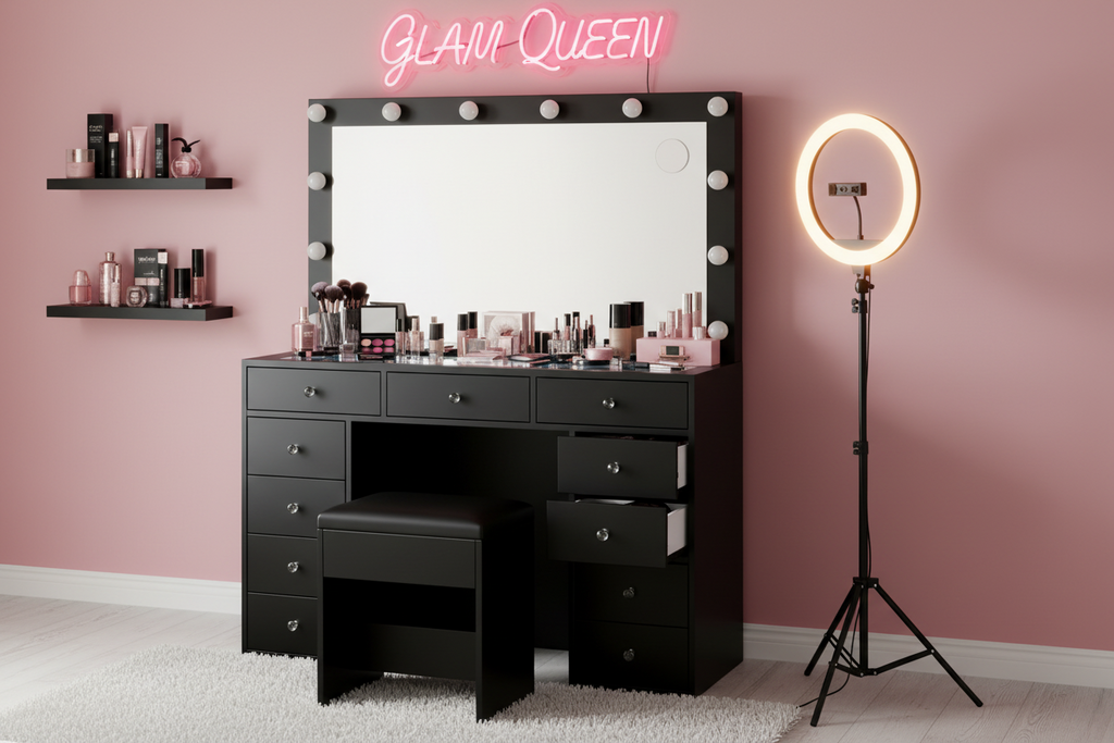 11 Drawers Vanity Set - Black