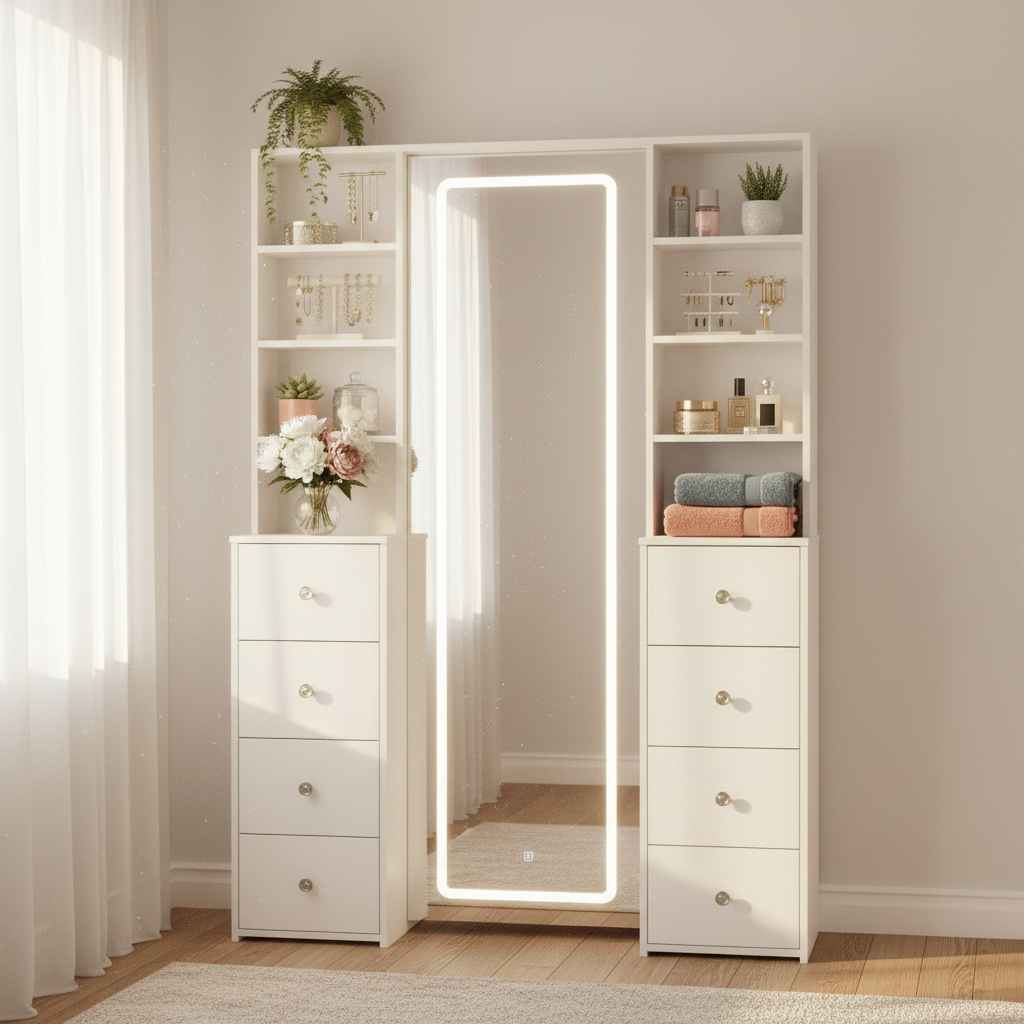 Full-Length Vanity Set With 8 Drawers & Shelves
