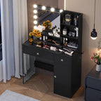 Makeup Vanity Desk With LED Mirror, Glass Top and Storage Shelves