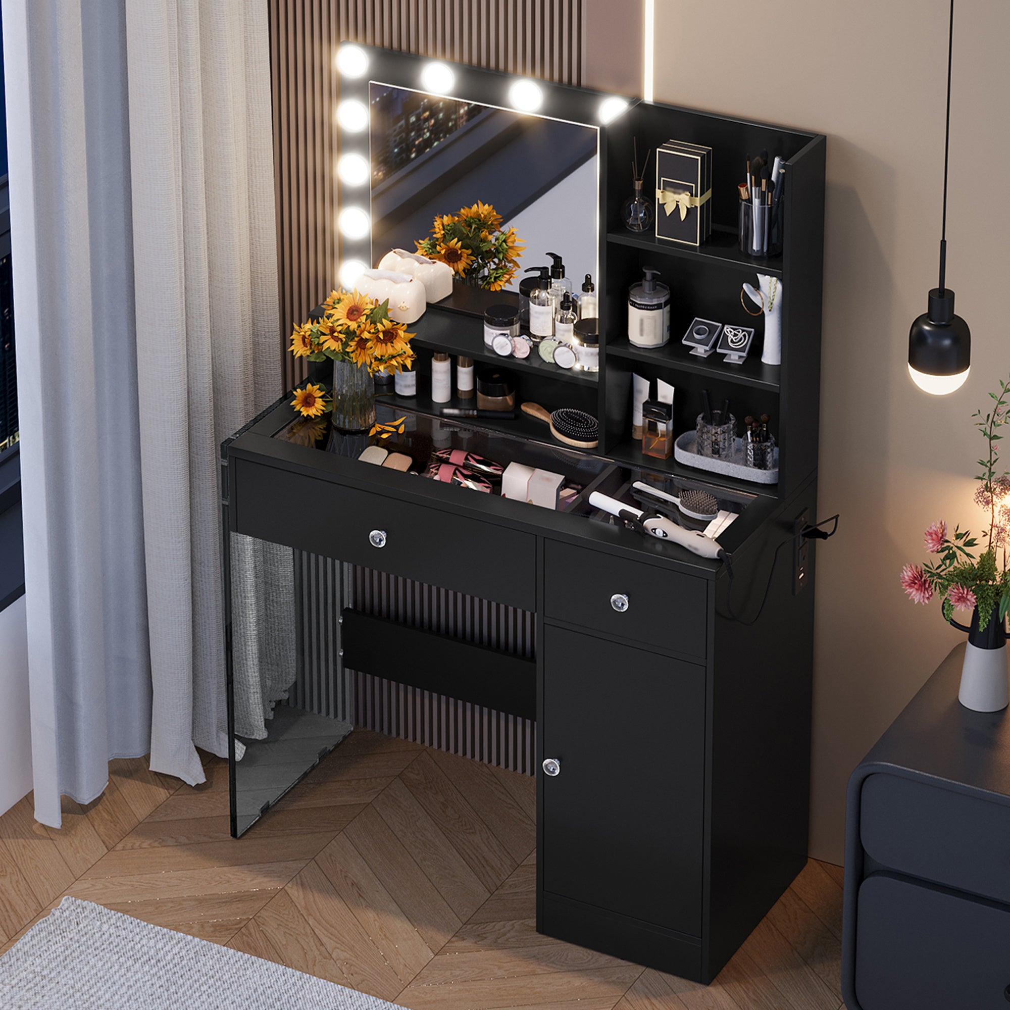 Makeup Vanity Desk With LED Mirror, Glass Top and Storage Shelves