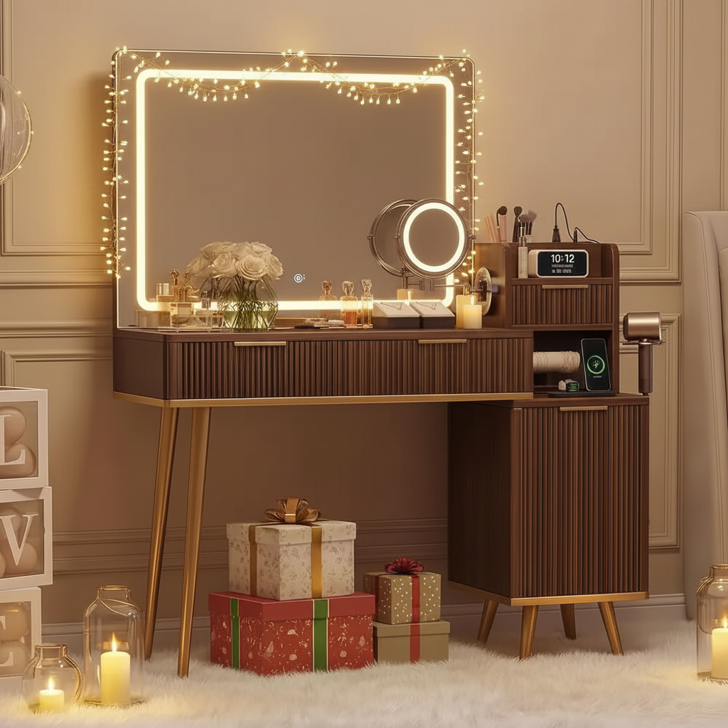 Vanity Set With Magnifying Mirror - Brown
