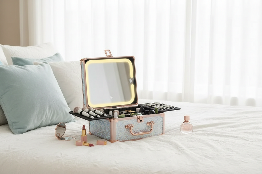 Makeup Case With A Detachable LED Mirror - Sparking Light Blue