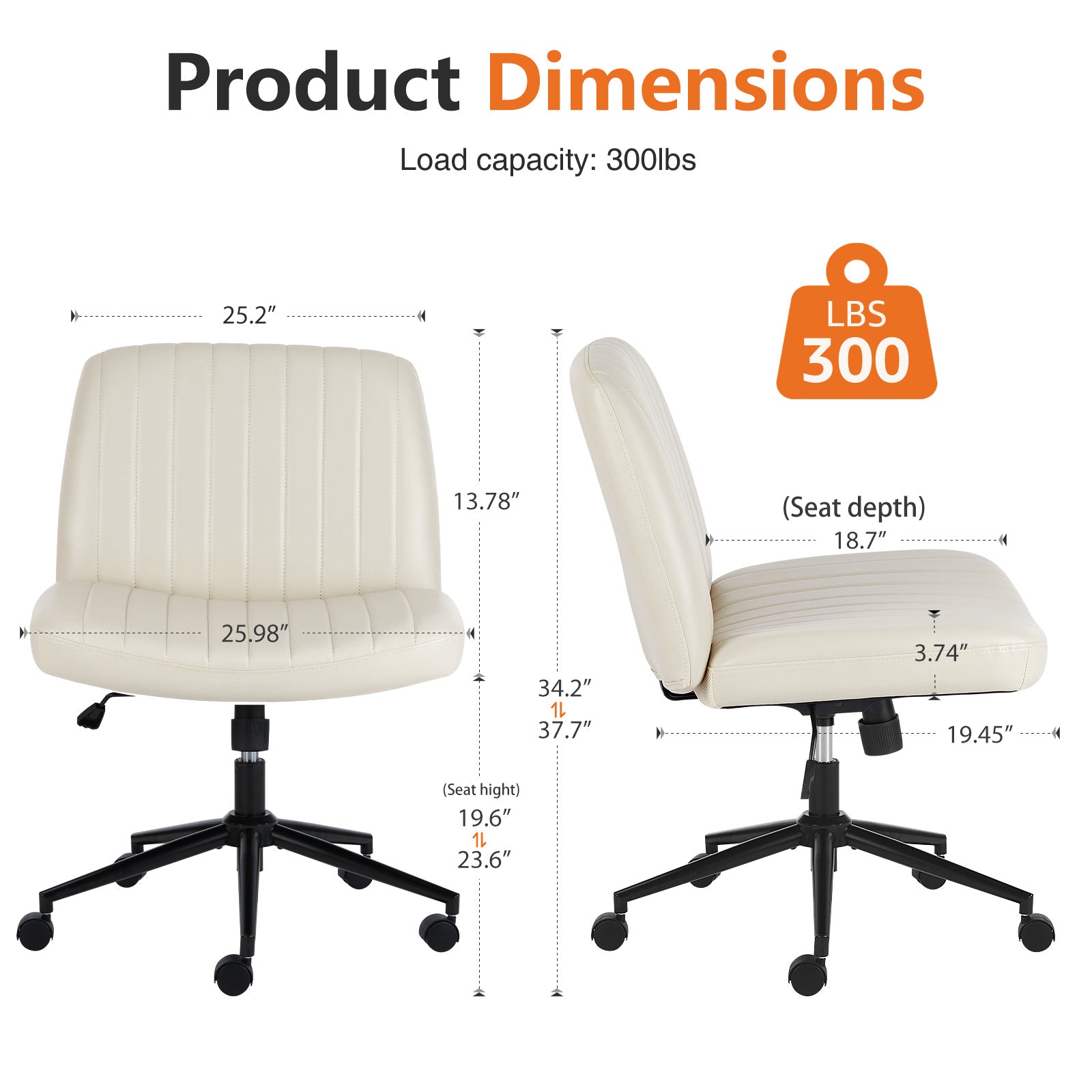 Armless Swivel Vanity Chair With Adjustable Wide Seat