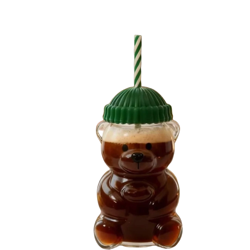 Luxury Bear-Shaped Glass Tumbler With Straw & Lid