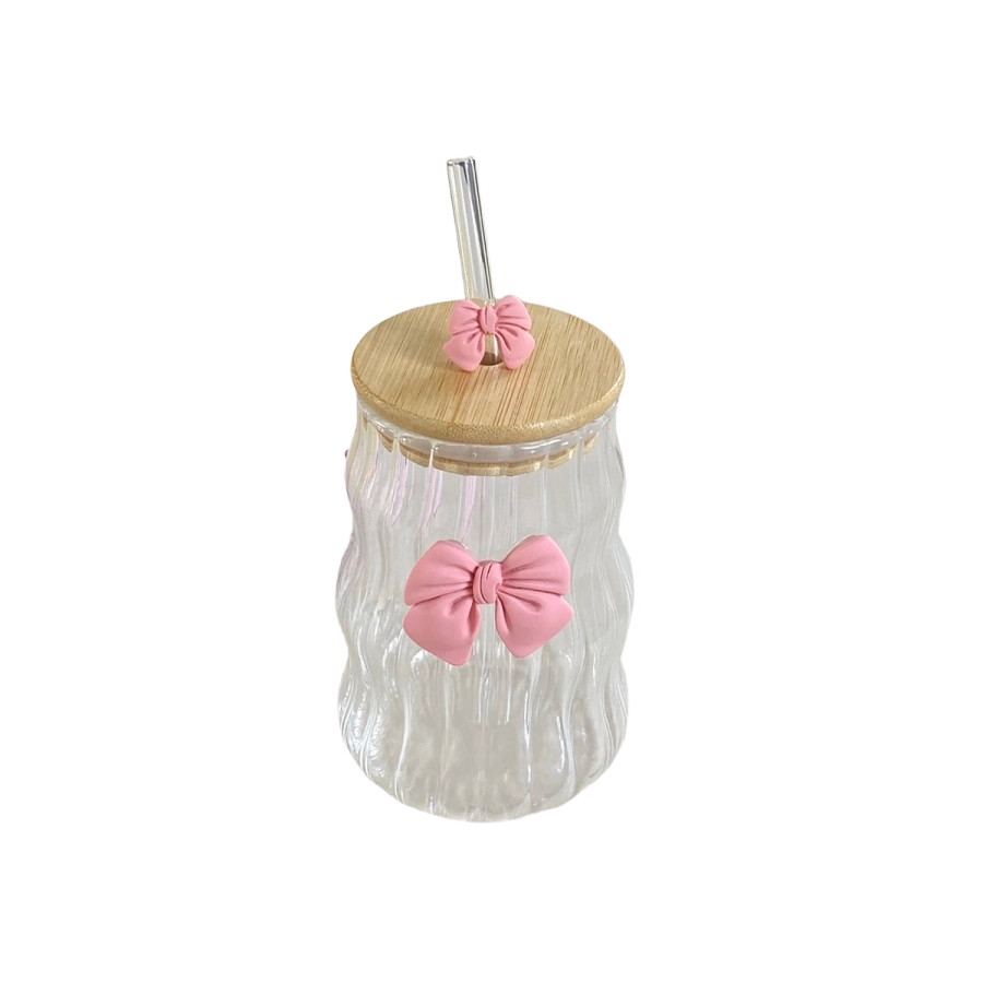 Glass Tumbler With Pink Bow Lid & Straw