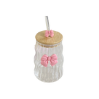 Glass Tumbler With Pink Bow Lid & Straw
