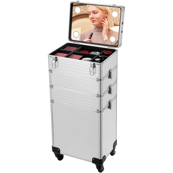 4in1 Makeup Rolling Train Case $ Cosmetic Organizer Box with Led Light Mirror