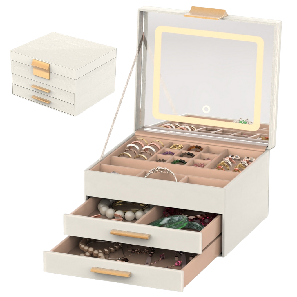 3 Layer Jewelry Box With LED Mirror With 2 Drawers
