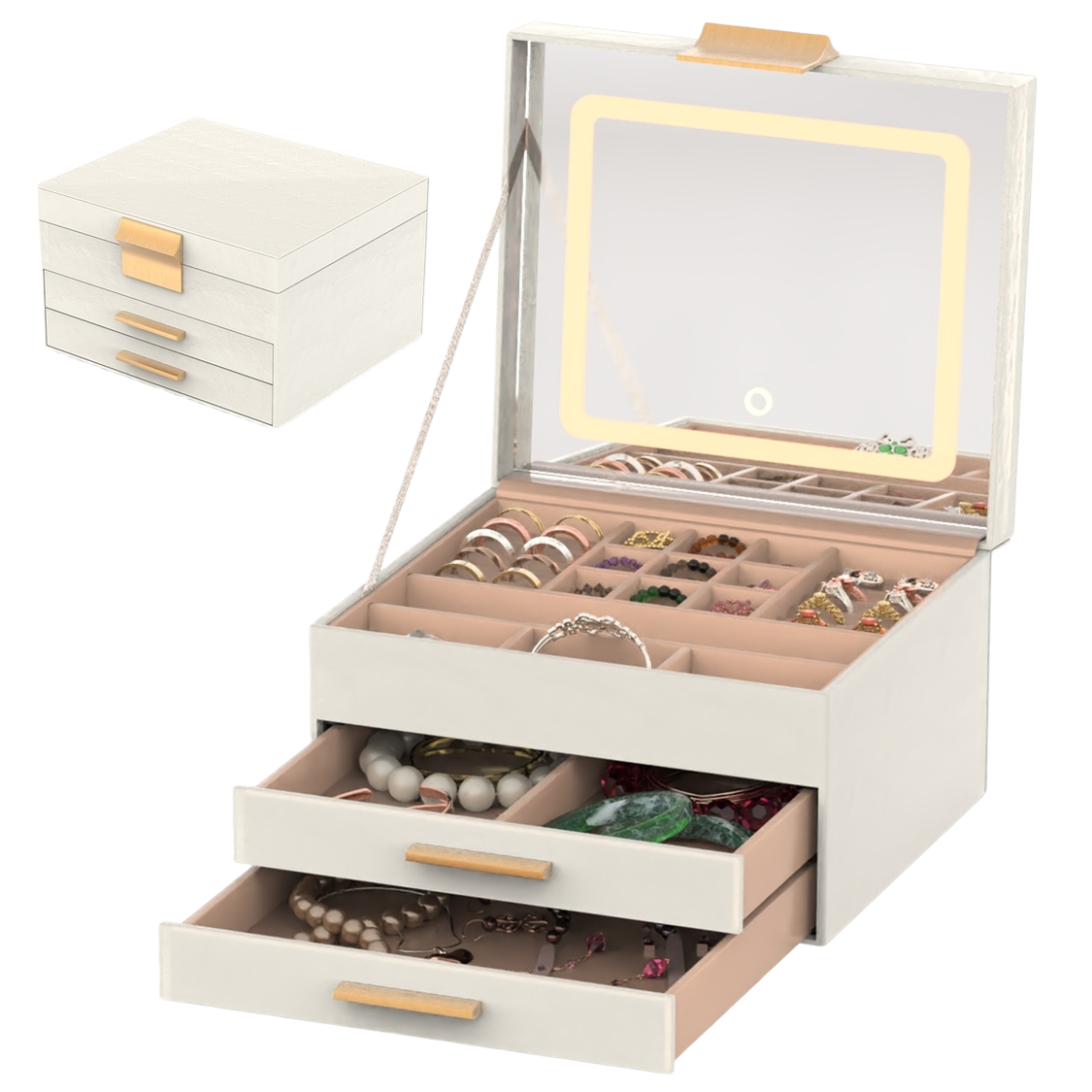 3 Layer Jewelry Box With LED Mirror With 2 Drawers