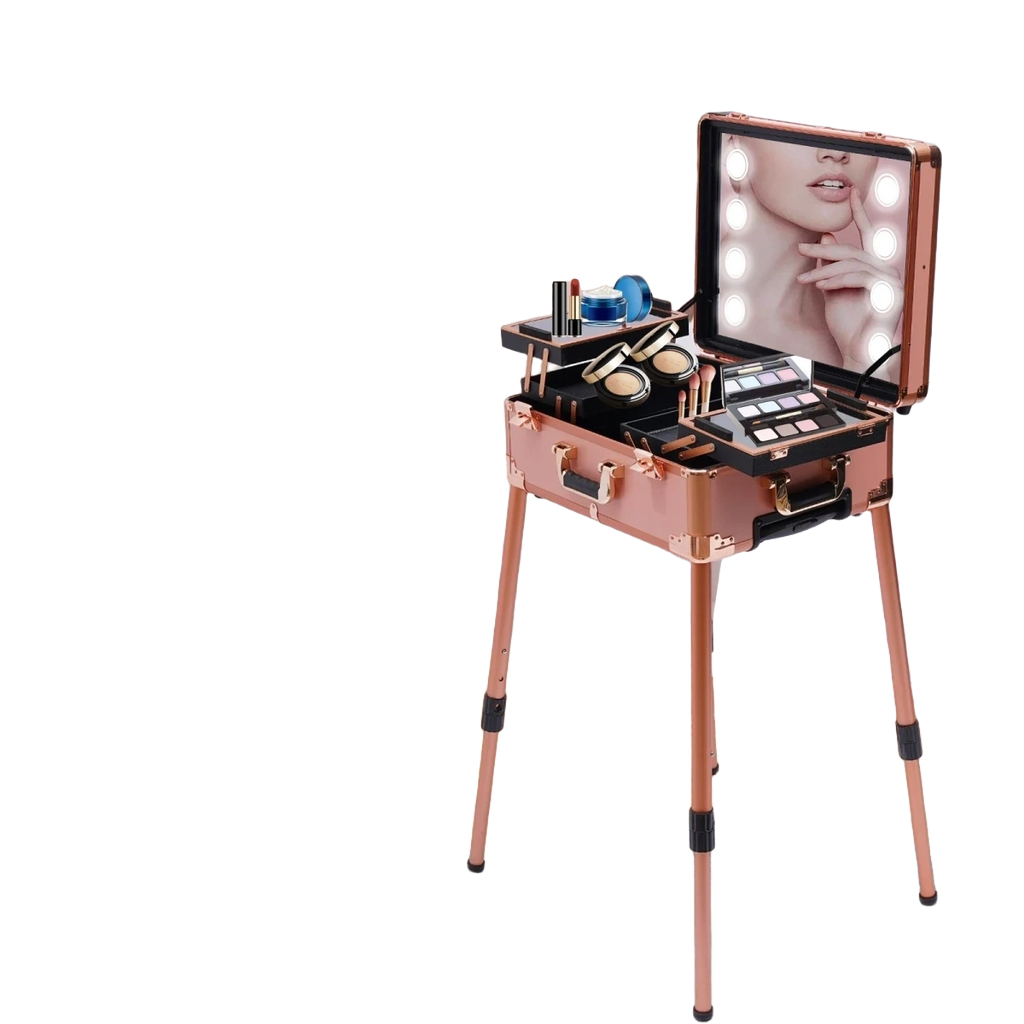 Aluminum Rolling Makeup Trolley With 8 LED Lights and Stand