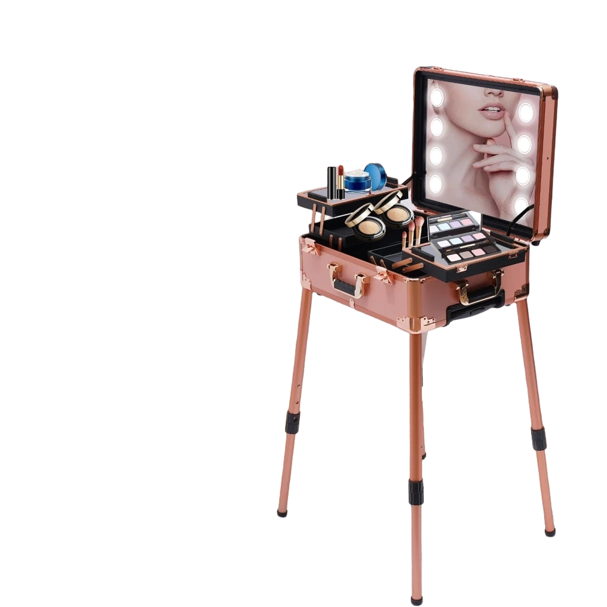 Aluminum Rolling Makeup Trolley With 8 LED Lights and Stand