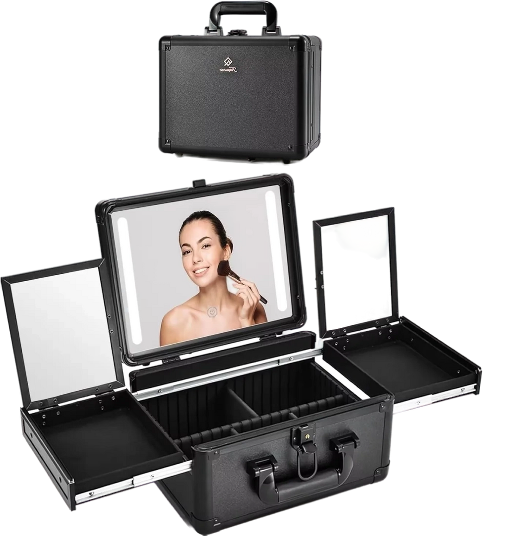 Makeup Storage Case With LED Mirror & Fold-out Trays for Jewelry Storage