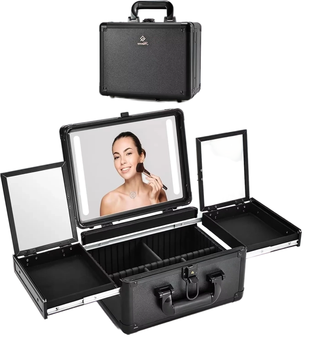 Makeup Storage Case With LED Mirror & Fold-out Trays for Jewelry Storage