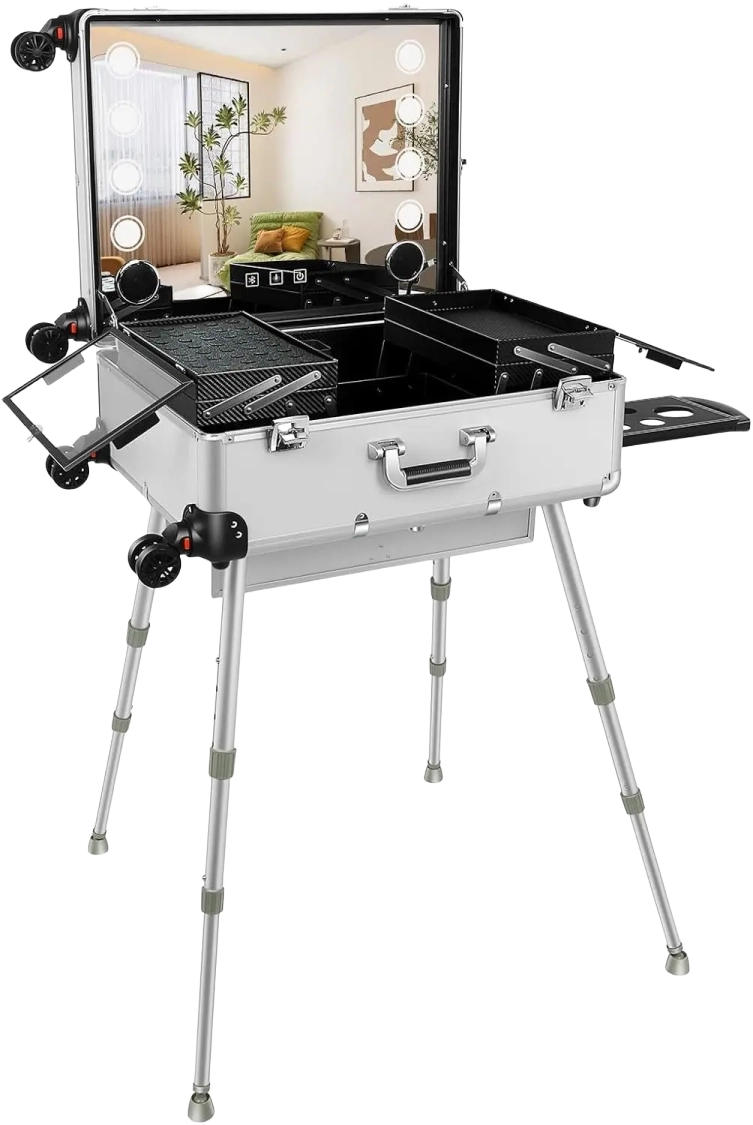 24'' Aluminum Rolling Makeup Trolley with Bluetooth Speakers and LED Lights [White]