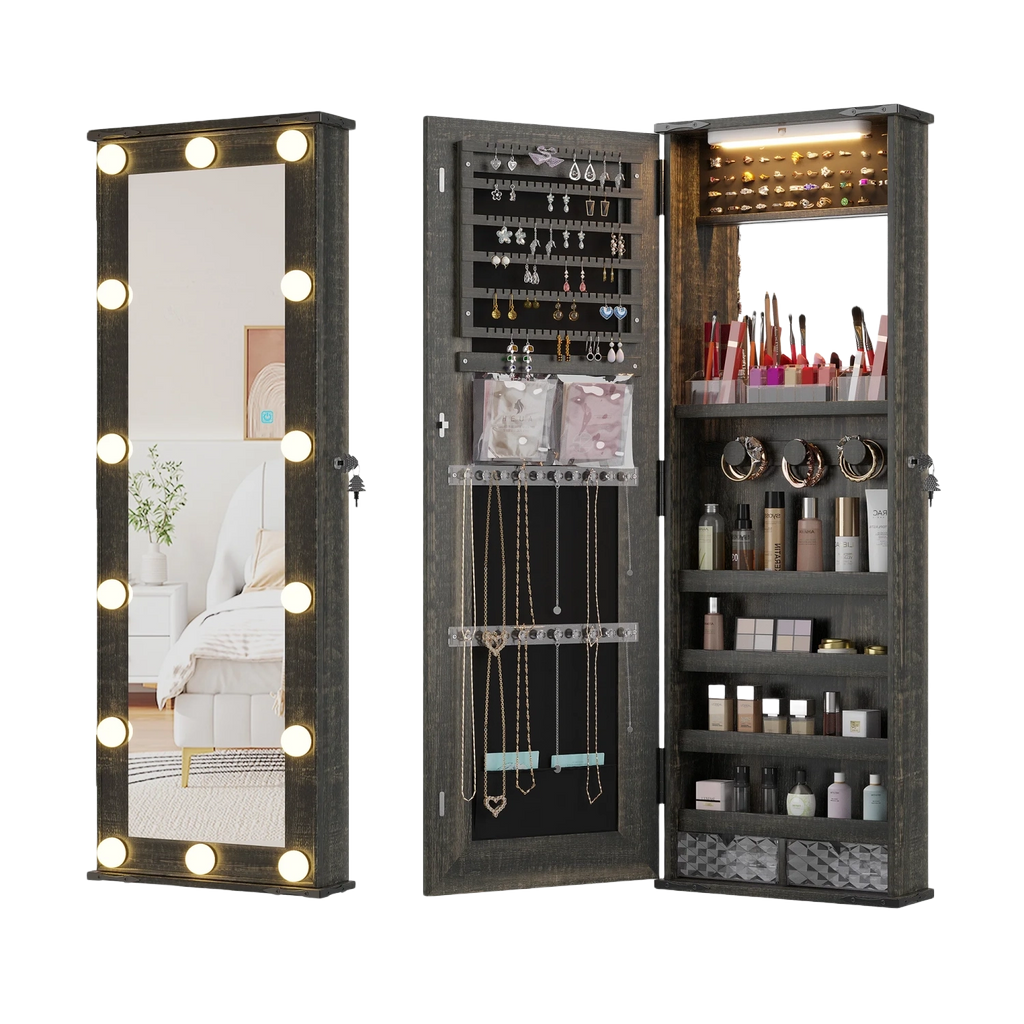 Wall Mounted Jewelry Organizer With LED Mirror
