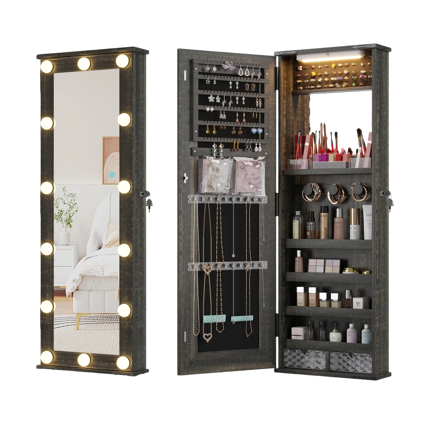 Wall Mounted Jewelry Organizer With LED Mirror