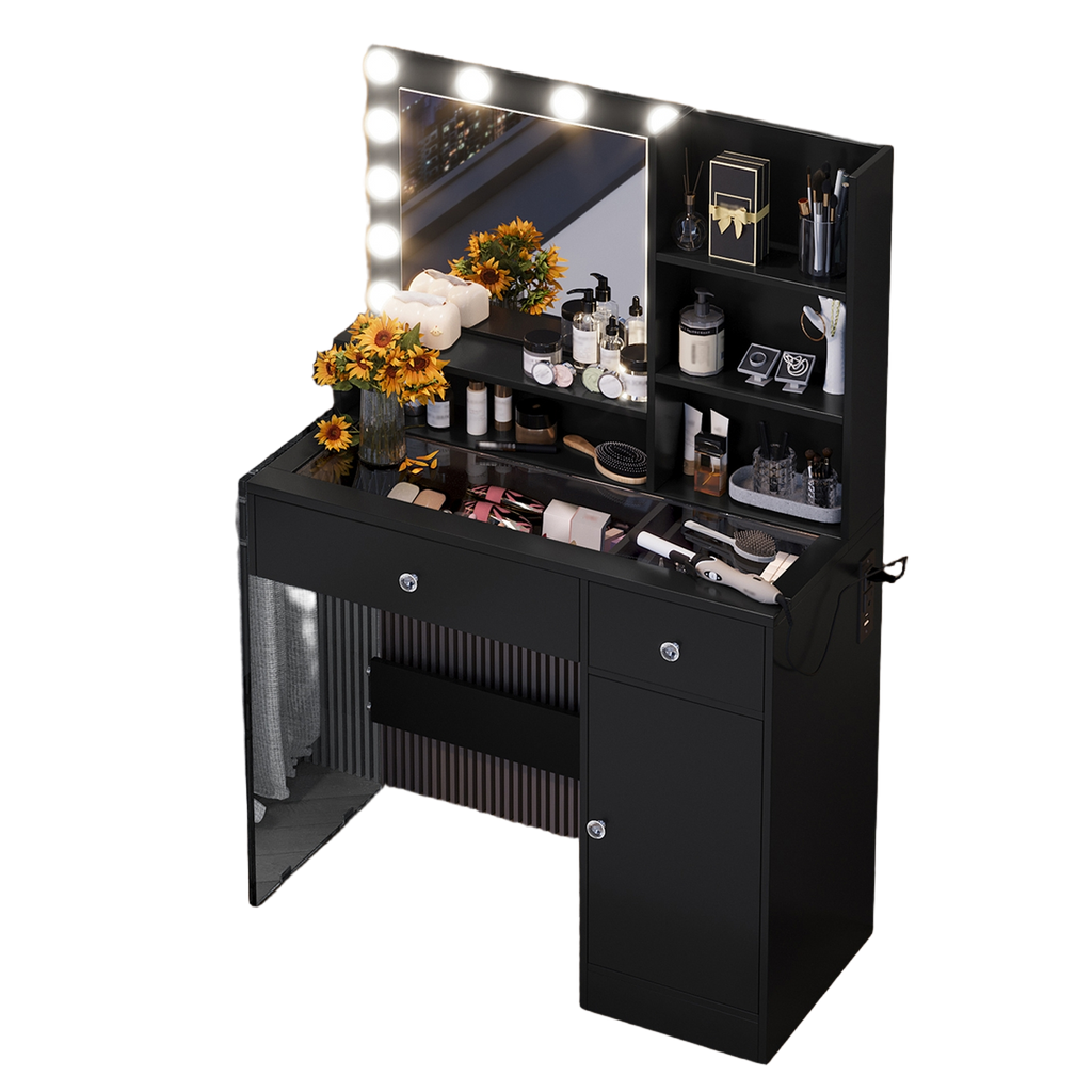 Makeup Vanity Desk With LED Mirror, Glass Top and Storage Shelves