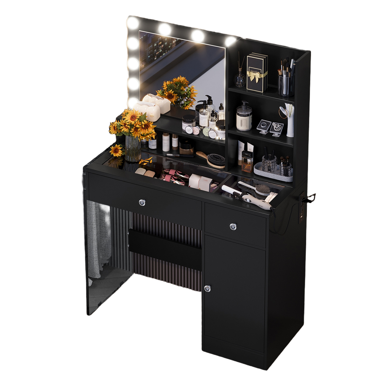 Makeup Vanity Desk With LED Mirror, Glass Top and Storage Shelves