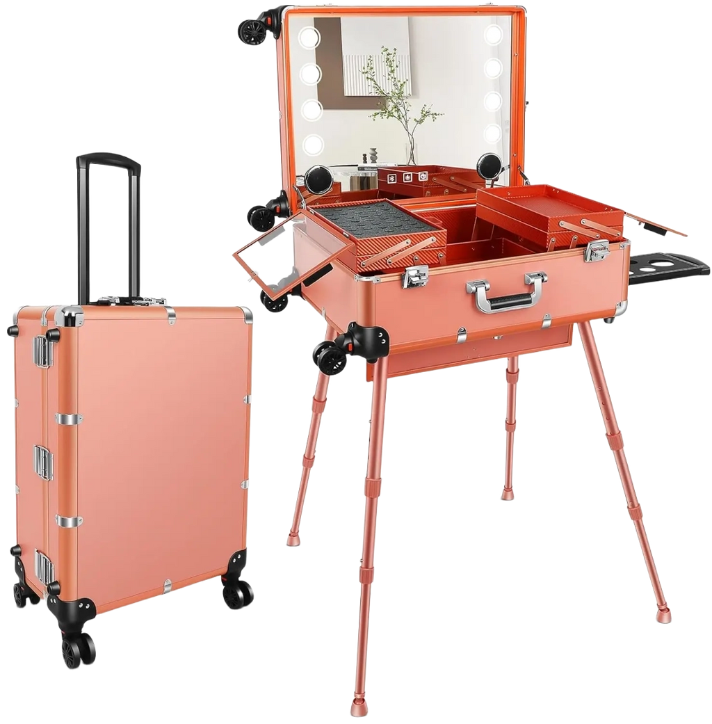 24'' Aluminum Rolling Makeup Trolley With 8 LED Lights and Stand