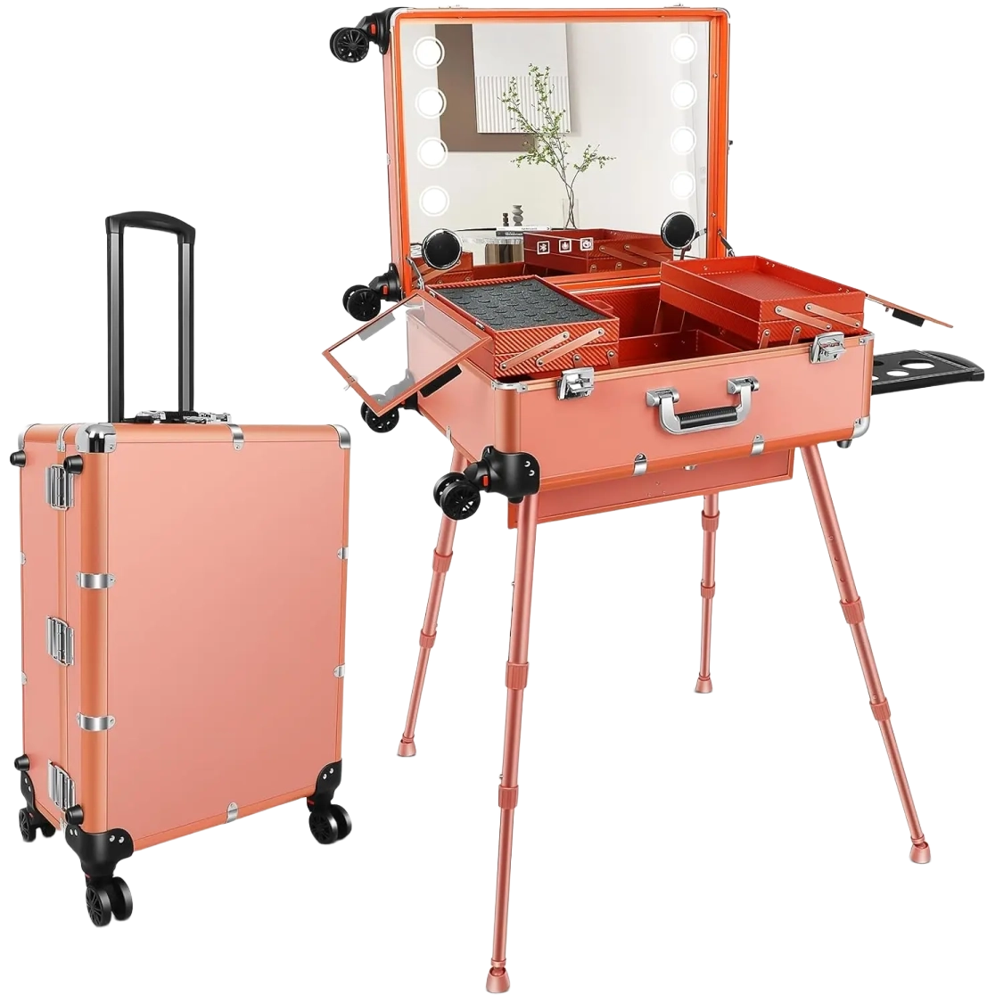 24'' Aluminum Rolling Makeup Trolley With 8 LED Lights and Stand