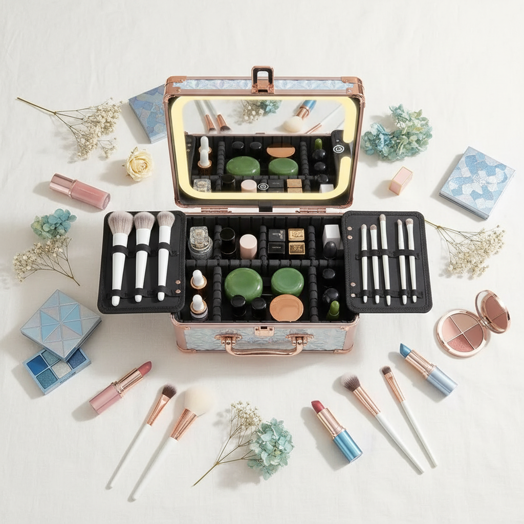 Makeup Case With A Detachable LED Mirror - Sparking Light Blue