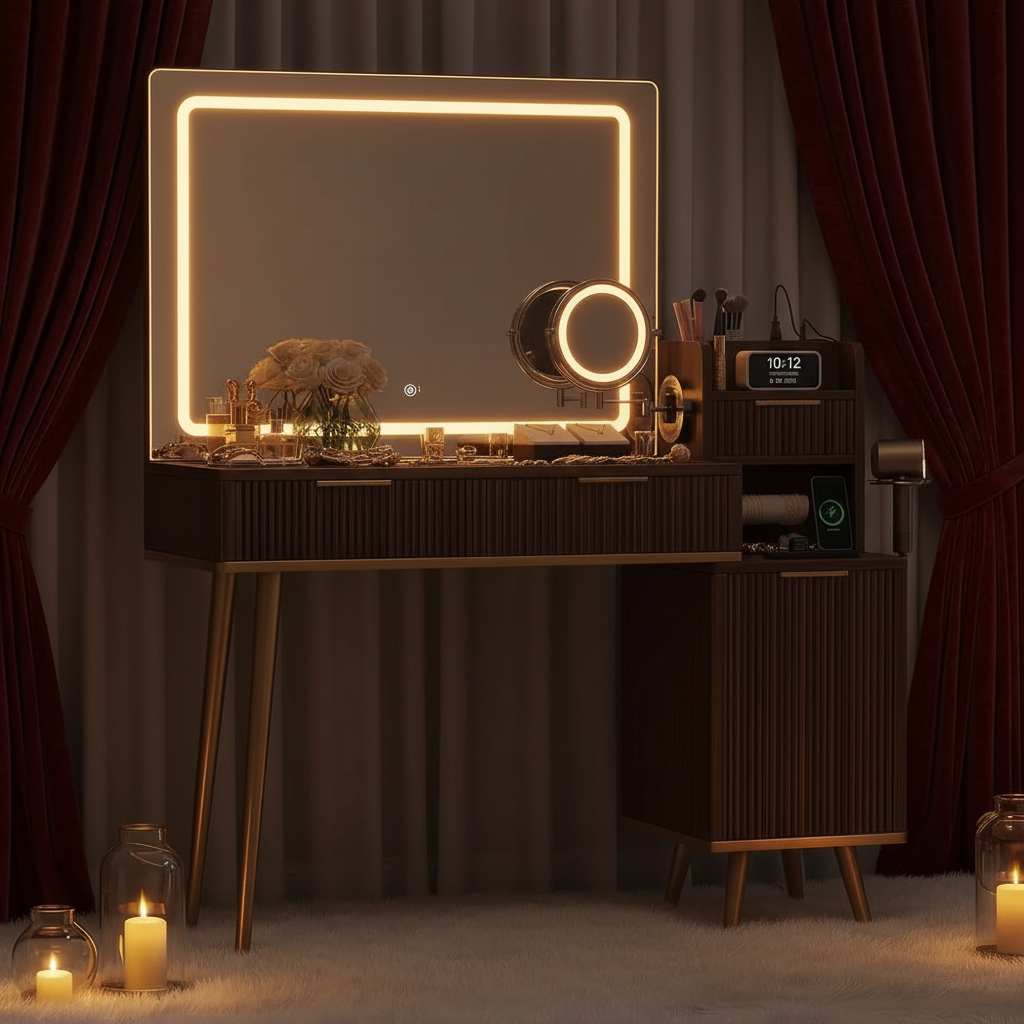 Vanity Set With Magnifying Mirror - Brown