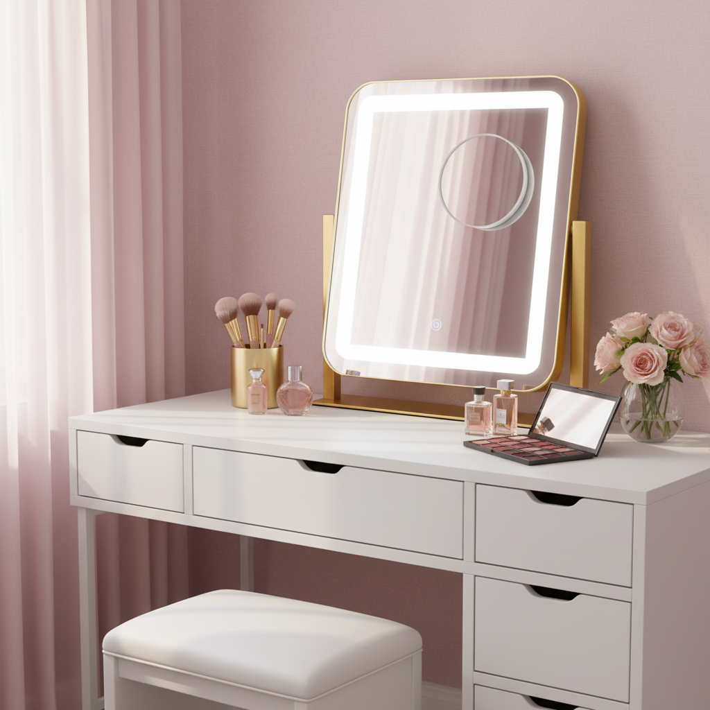 LED Makeup Mirror With Gold Frame - 15x13 Inches