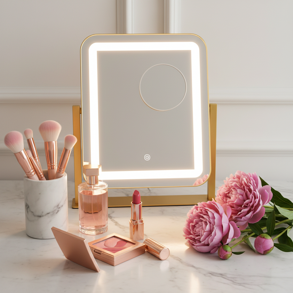 LED Makeup Mirror With Gold Frame - 15x13 Inches
