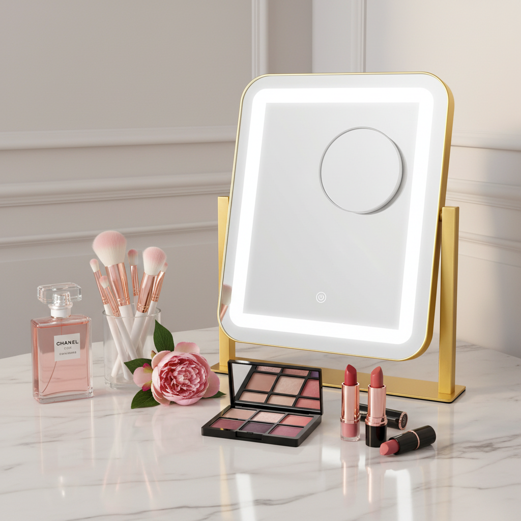 LED Makeup Mirror With Gold Frame - 15x13 Inches