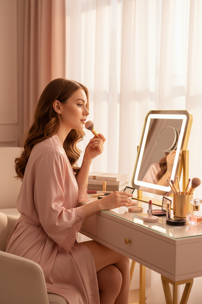 LED Makeup Mirror With Gold Frame - 15x13 Inches
