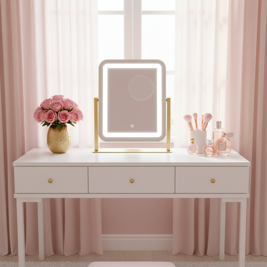 LED Makeup Mirror With Gold Frame - 15x13 Inches