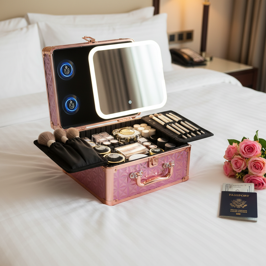 Makeup Case With A Detachable LED Mirror - Sparkling Pink