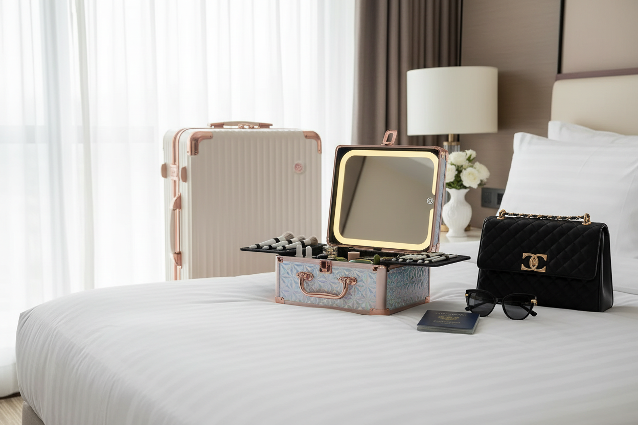 Makeup Case With A Detachable LED Mirror - Sparking Light Blue