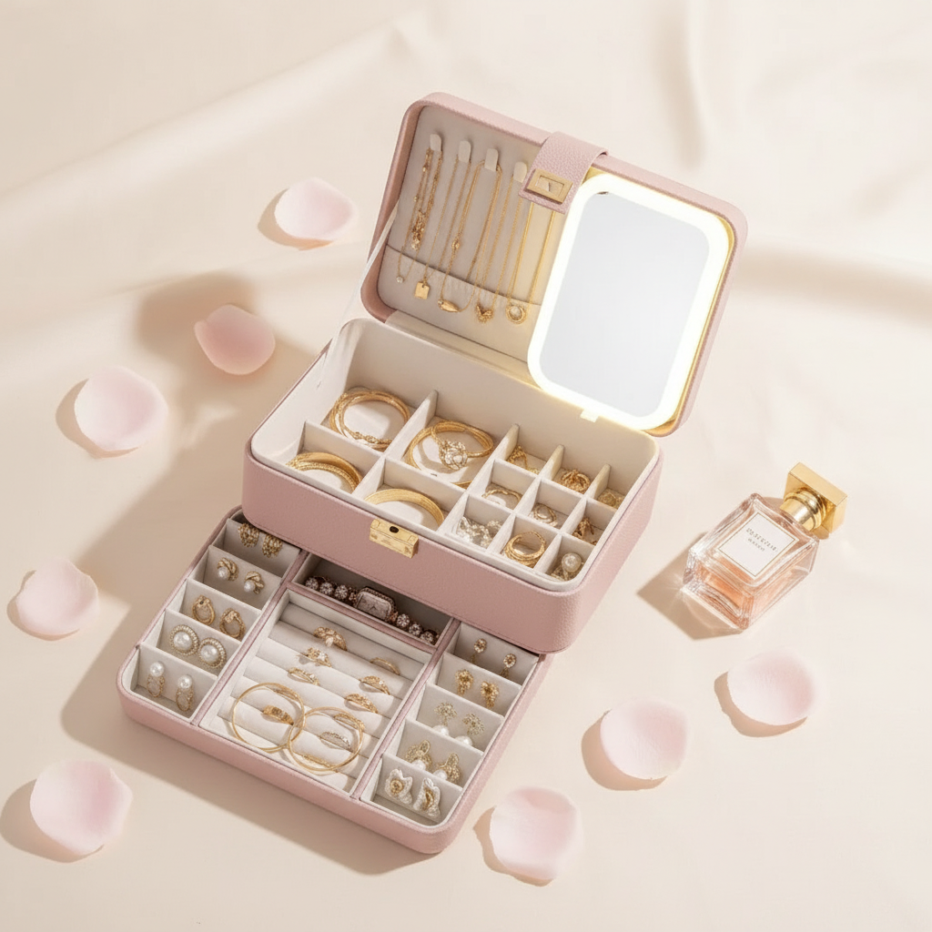 3 Layers Jewelry Box With Makeup Mirror