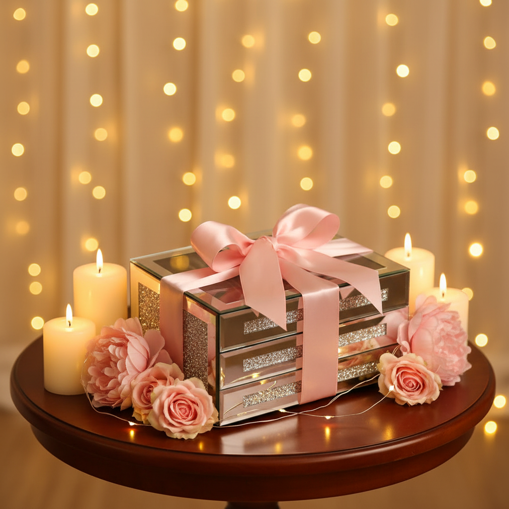 Glass Lid Jewelry Organizer With 3 Drawers
