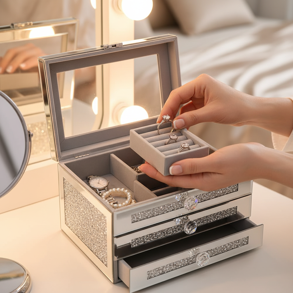 Glass Lid Jewelry Organizer With 3 Drawers