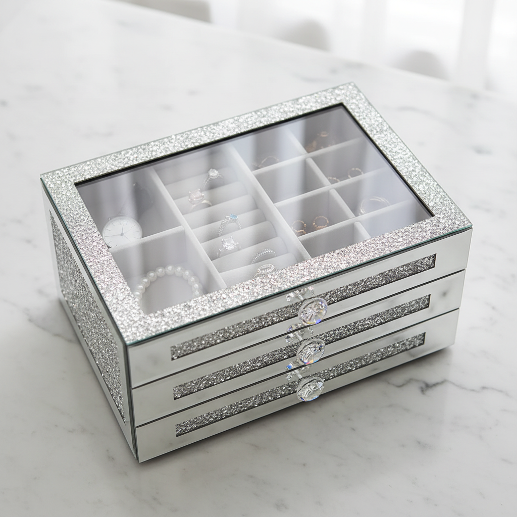 Glass Lid Jewelry Organizer With 3 Drawers