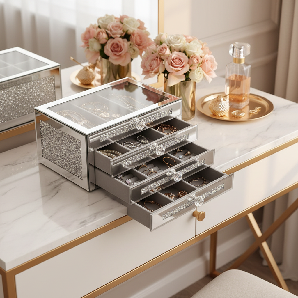 Glass Lid Jewelry Organizer With 3 Drawers