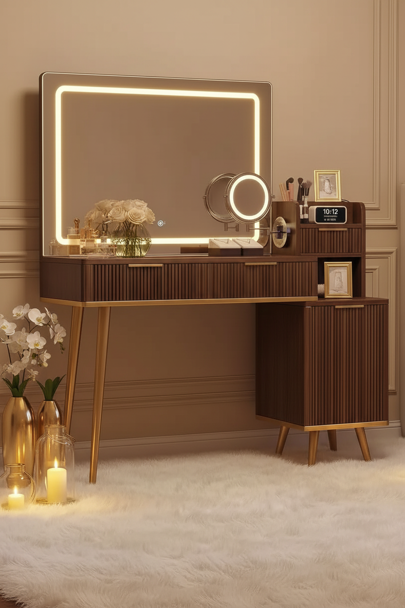 Vanity Set With Magnifying Mirror - Brown