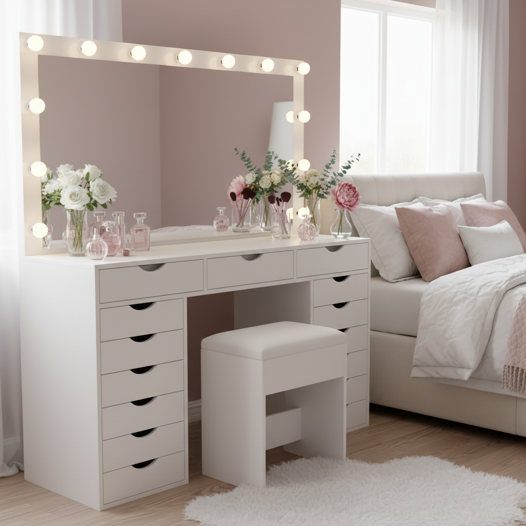 15 Drawers Vanity Set - White