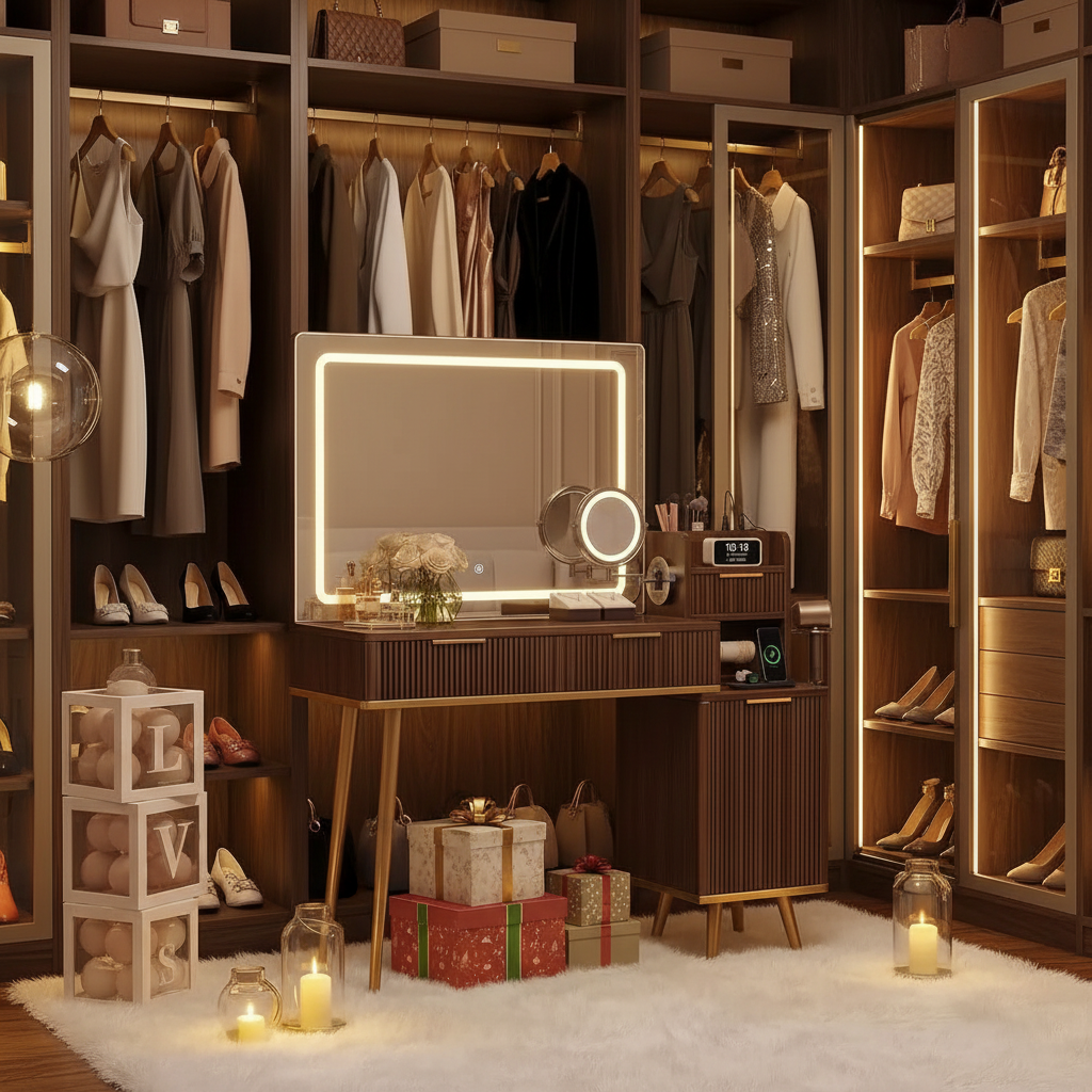 Vanity Set With Magnifying Mirror - Brown